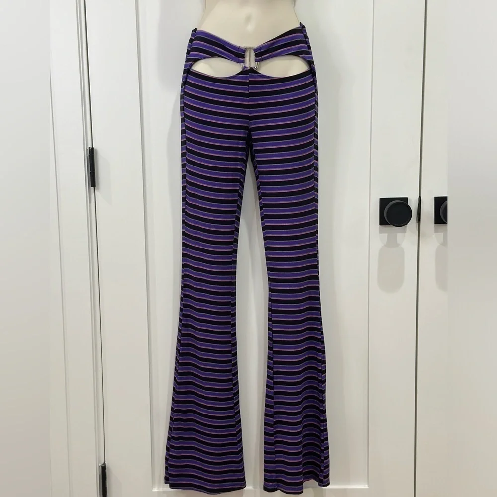 I AM GIA Carrie Cutout Flared Pants Striped Purple Size XS Party Emo Rock Rave - Picture 2 of 9